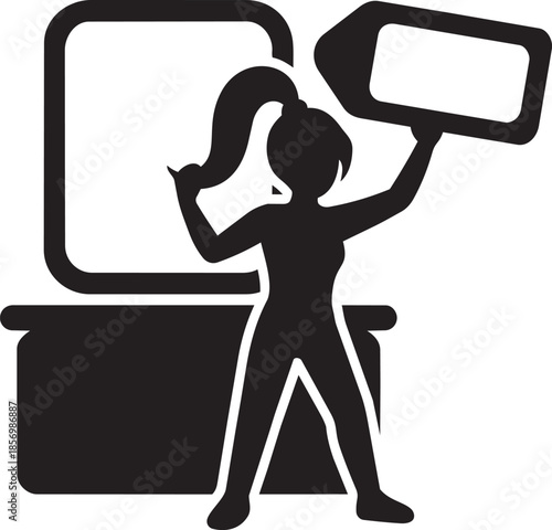 Woman with ponytail and product bottle near mirror energetic pose icon