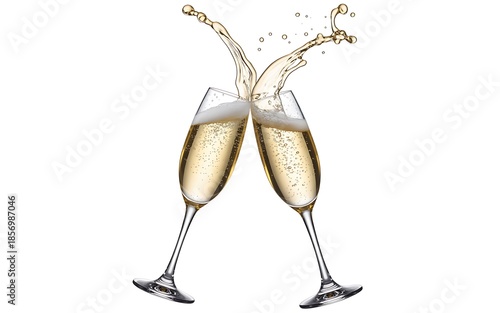Two champagne glasses clinking with a splash of sparkling wine or prosecco, isolated on white background. Realistic 3D illustration for celebration, wedding, New Year, and luxury party concept.