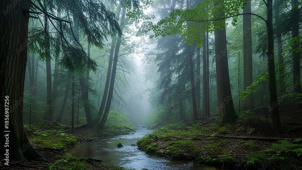 Obraz premium A tranquil and misty forest scene featuring a winding stream flowing through lush green moss and towering trees.
