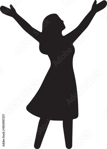 Silhouette of happy woman standing with arms raised symbolizing success and freedom