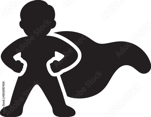 Superhero silhouette standing with cape flowing on white background isolated