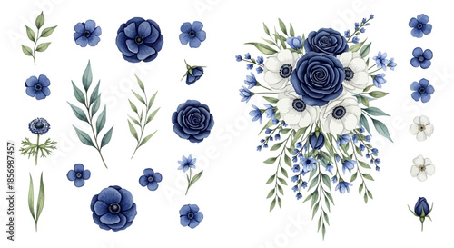 Collection of blue and white flowers and leaves.