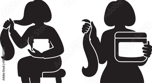Woman styling hair with product, seated and standing poses