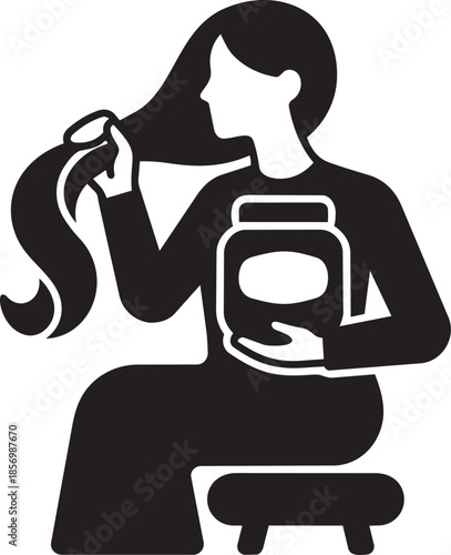 Woman sitting with long hair and hair product jar on stool icon