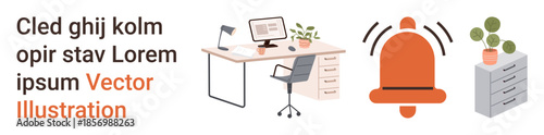 Remote work, productivity, digital communication, notifications, office setup, organization. Workspace includes a desk, computer and chair with a notification bell icon. Remote work and productivity