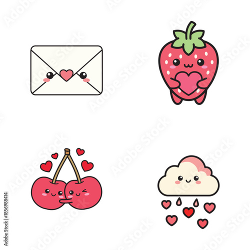Kawaii Valentine Vector Illustration — Cute Love Strawberry, Cherries, Cloud and Heart Envelope Clipart Set
