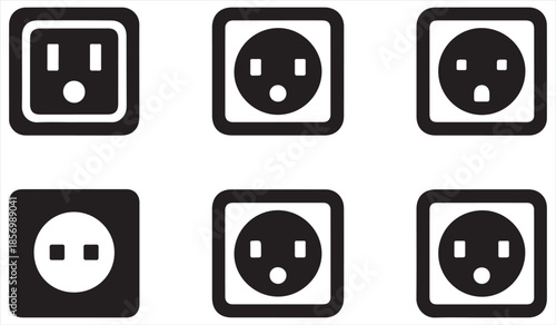 Collection of electric outlet symbols in black and white square buttons