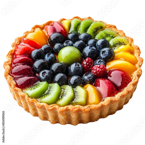 Fruit tart with assorted berries and kiwi, isolated on transparent background