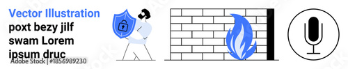 Cybersecurity, data protection, privacy, firewalls, secure connections, online communication. Person holding shield with lock, firewall blocking flame microphone icon. Cybersecurity and data