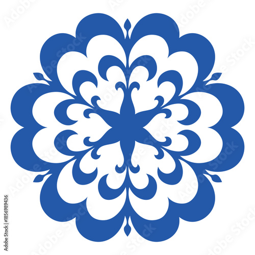 Blue template snowflake with shadow. Isolated snowflakes icon, round mandala. Winter Holiday cartoon flat illustration. Merry Christmas and New year Vector. Hand draw style.