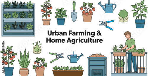 Urban Farming and Home Agriculture Illustration Set with Gardening Tools and Potted Plants