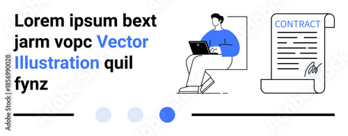 Man seated with laptop, reviewing digital documents, contract with signature, and text elements. Ideal for business, freelancing, remote work, agreements, partnerships collaboration simple landing