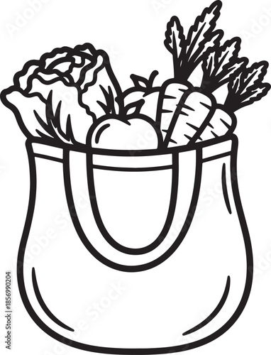 Black and white line of a reusable shopping bag overflowing with fresh produce including lettuce, carrots, and an apple also transparent background