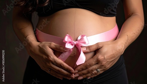 Wallpaper Mural Close-up of a pregnant belly adorned with a delicate pink satin ribbon and bow, held gently by the mother's hands. Torontodigital.ca