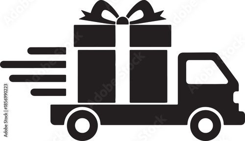 Black silhouette of a delivery truck carrying a large gift box with a bow, symbolizing fast shipping and express parcel service for presents also transparent background