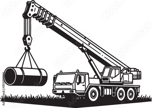 Black and white of a mobile crane truck lifting a large cylindrical pipe, showcasing heavy lifting and construction site operations also transparent background