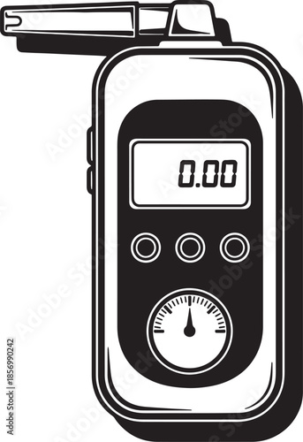 Close-up black and white of a digital breathalyzer device displaying zero alcohol reading, indicating sobriety also transparent background