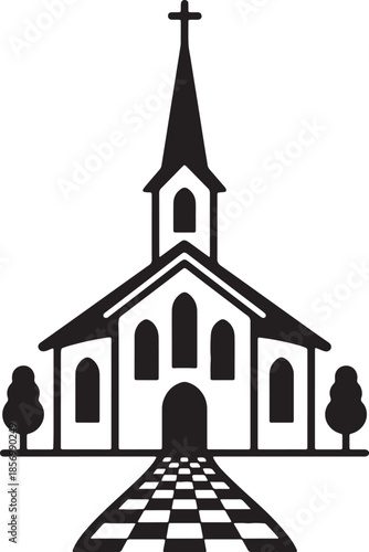 Classic black and white silhouette of a church with a steeple and a checkered pathway, representing faith, community, and religious gatherings also transparent background