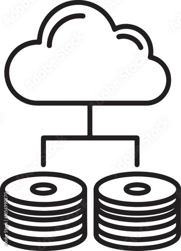 Conceptual representing cloud computing and data storage with a stylized cloud connected to two stacked hard drives symbolizing digital information and network also transparent background