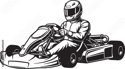 Dynamic black and white of a go-kart racer in full gear, gripping the steering wheel with intense focus, ready for speed also transparent background