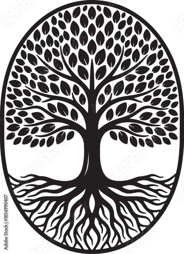 Intricate black and white of a tree of life within a circular frame, symbolizing growth, connection, and nature's cycles also transparent background