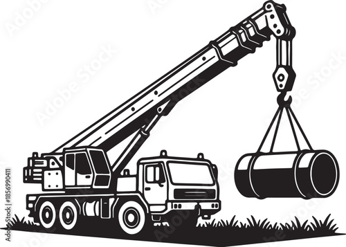 Heavy duty construction crane lifting large industrial pipe with hook and cables over grassy ground black and white also transparent background