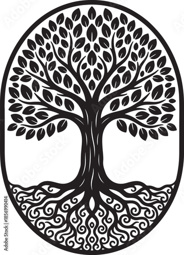Intricate black and white of the Tree of Life, symbolizing growth, connection, and eternity with detailed roots and branches within an oval frame also transparent background