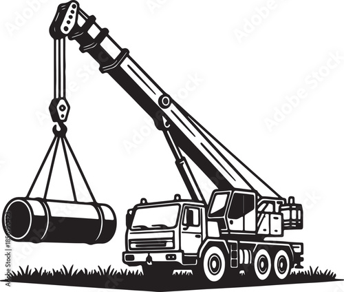 Monochrome of a mobile crane lifting a large pipe, depicting industrial construction, heavy machinery, and engineering in a dynamic scene also transparent background