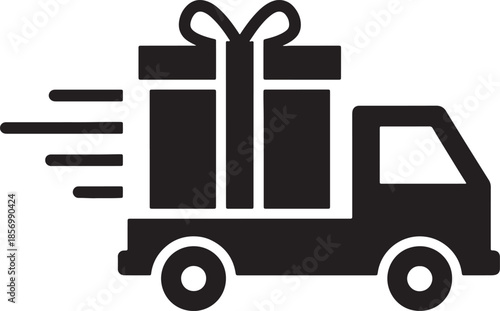 Of a delivery truck with a large gift box on its back moving quickly with motion lines black and white also transparent background