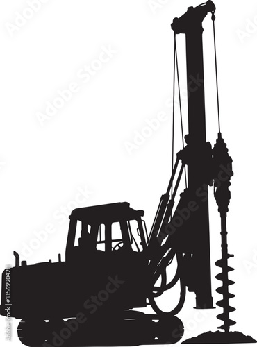 Silhouette of a heavy-duty drilling rig machine with a large auger, used for construction and excavation in industrial settings also transparent background