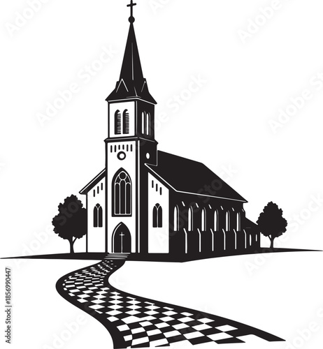 Silhouette of a traditional church with a steeple and stained glass windows, set against a checkered path leading to the entrance also transparent background