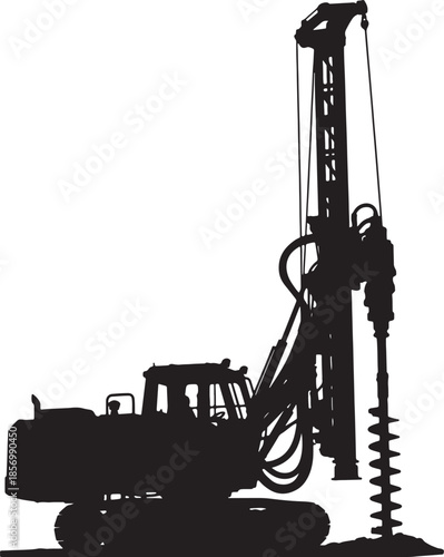 Silhouette of a powerful drilling rig machine with a long drill bit extended, poised for heavy-duty construction and excavation work also transparent background