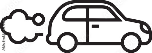Simple black and white line of a car emitting exhaust fumes from its rear, representing pollution or emissions also transparent background