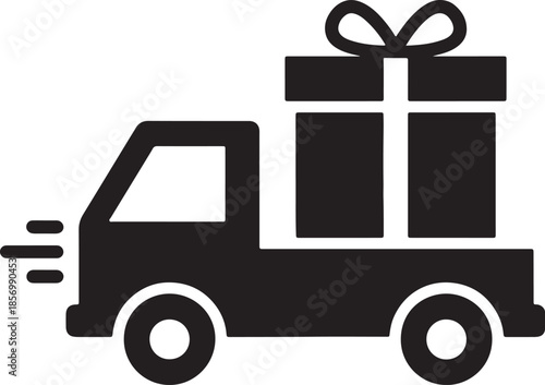 Simple black of a delivery truck with a gift box on its bed, symbolizing fast shipping, logistics, and surprise package delivery also transparent background