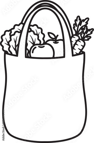 Simple outline of a reusable tote bag filled with fresh produce including lettuce apple and carrots black and white also transparent background