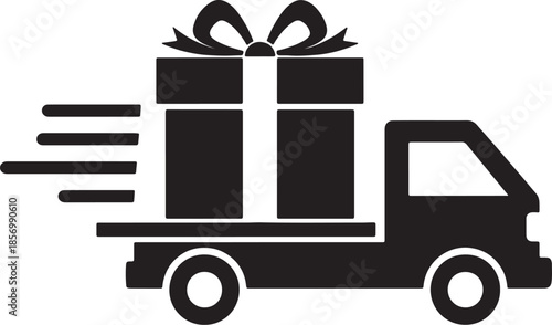 Black silhouette of a delivery truck carrying a large gift box with a bow, symbolizing fast shipping and express delivery services, conveying a sense of urgency and also transparent background