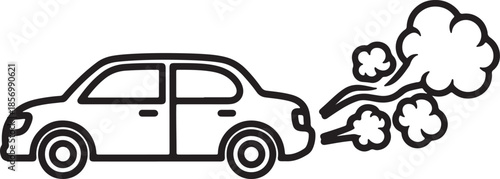 Black and white outline of a car emitting a large, dense cloud of exhaust smoke from its tailpipe, illustrating significant pollution, environmental impact, and the also transparent background
