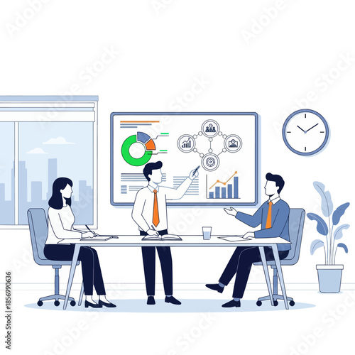 Business meeting with charts and diagrams on whiteboard, team collaboration