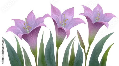 Purple lily flower, botanical illustration, three blooming flowers with green leaves, elegant and delicate, nature inspired, isolated on transparency background