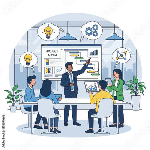 Team meeting presenting project plan with charts and ideas on screen