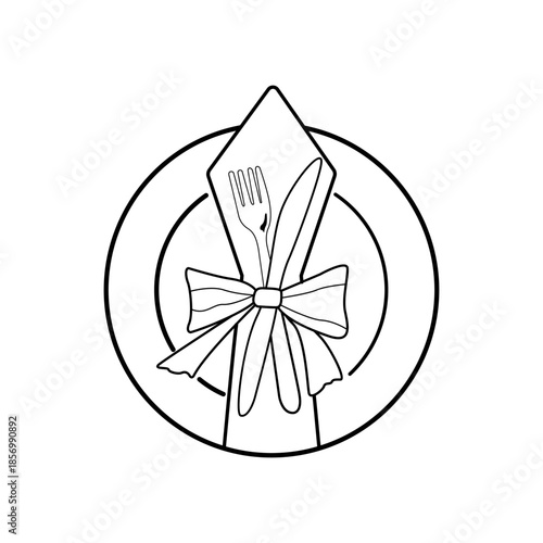 Minimalist Dinner Plate Setting with Cutlery and Ribbon Bow Line Art - Elegant Wedding & Restaurant Table Illustration