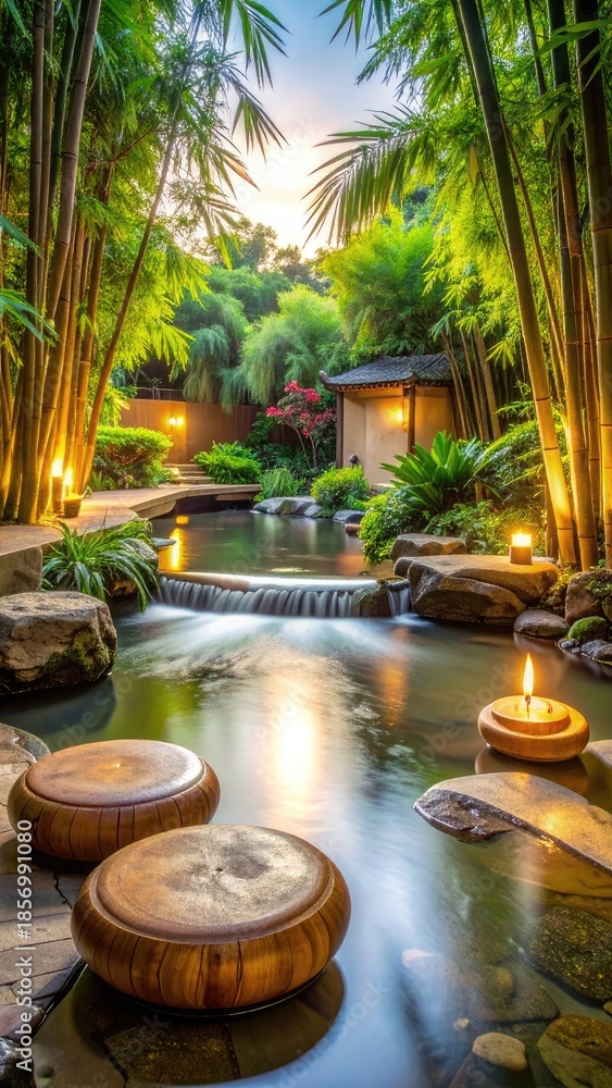 Fototapeta premium Tranquil Asian Garden Scene with Bamboo, Waterfall, and Candlelight at Dusk