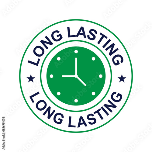 Long Lasting Quality Guarantee Badge - Professional Green Clock Icon and Circular Typography Logo for Durable Products