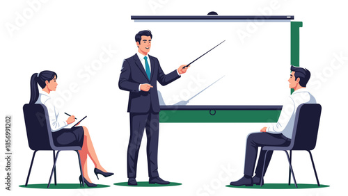 Business Presentation Vector: Confident Leadership & Training Illustration. Team Meeting, Seminar & Corporate Growth. Isolated on transparent background.