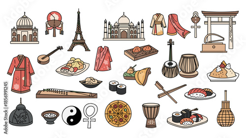 Global Culture Icon Collection: Travel, Food, and Symbols - Colorful Vector Illustration of Cultural Landmarks isolated on transparent background, Tourist Destinations
