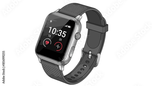 Cartoon Smart Watch for Health Tracking & Fitness: Modern Wearable Tech, Time Display, Heart Rate Monitor Isolated on transparent background. Vector Graphic Illustration