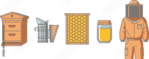 Set of 5 Beekeeping equipment flat illustration wooden beehive smoker tool honeycomb frame jar of honey and protective bee suit