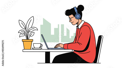 Woman Working From Home Vector Illustration. Happy Freelancer with Laptop and Coffee Isolated on Transparent Background. Remote Work Success, Digital Nomad Lifestyle.