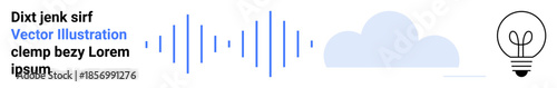 Technology, innovation, communication, creativity, cloud storage, data transfer. An illustrated audio waveform, a cloud shape and a light bulb. Technology and innovation concept