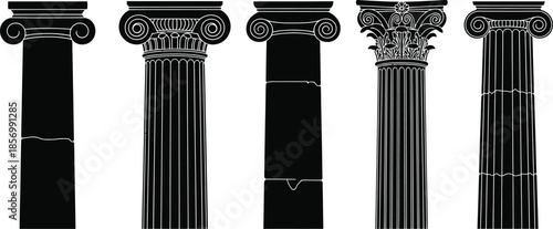 Set of 5 Ancient Columns silhouette doric ionic and corinthian pillar capitals architectural styles